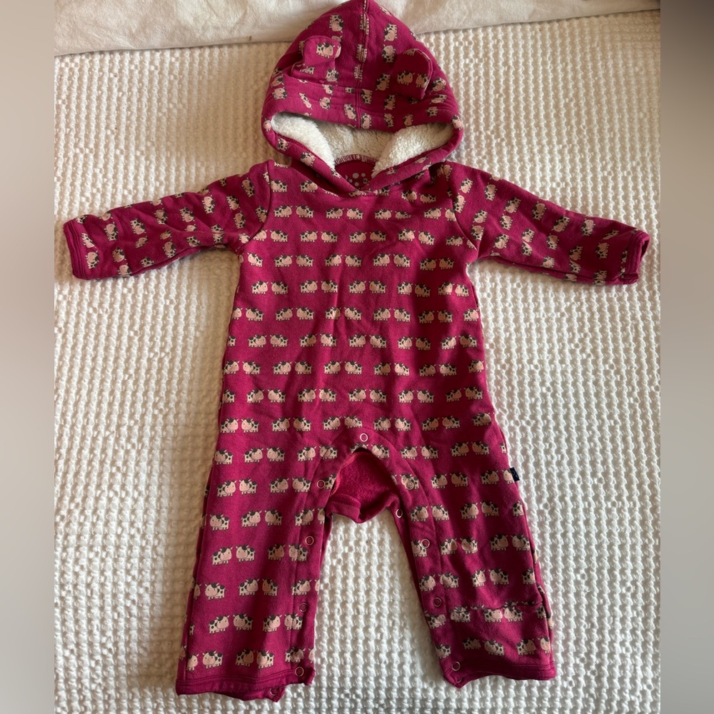 Fleece Coverall with Sherpa Lined Hood and Ears - Berry Cow